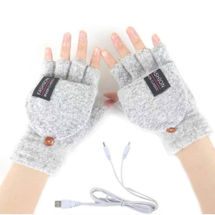 Winter USB Heating Half Finger Gloves Mitten Knitting with Cover Light Grey