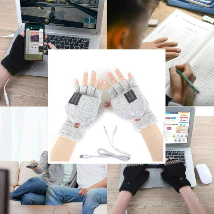 Winter USB Heating Half Finger Gloves Mitten Knitting with Cover Light Grey