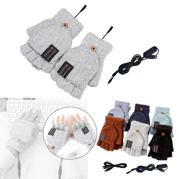 Winter USB Heating Half Finger Gloves Mitten Knitting with Cover Light Grey