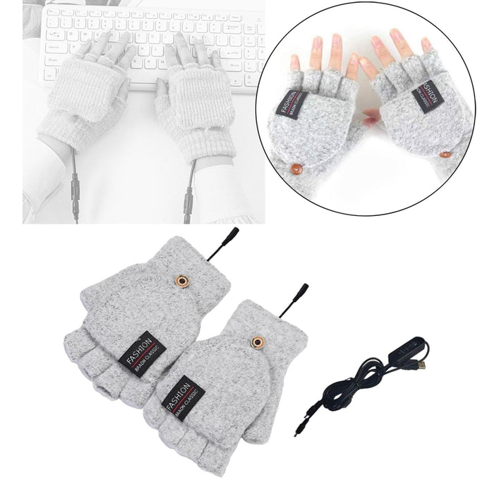 Winter USB Heating Half Finger Gloves Mitten Knitting with Cover Light Grey