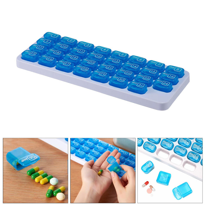 31-Grids Pill Box Monthly 31 Days 31 Compartments for Travel Capsule Elders Blue