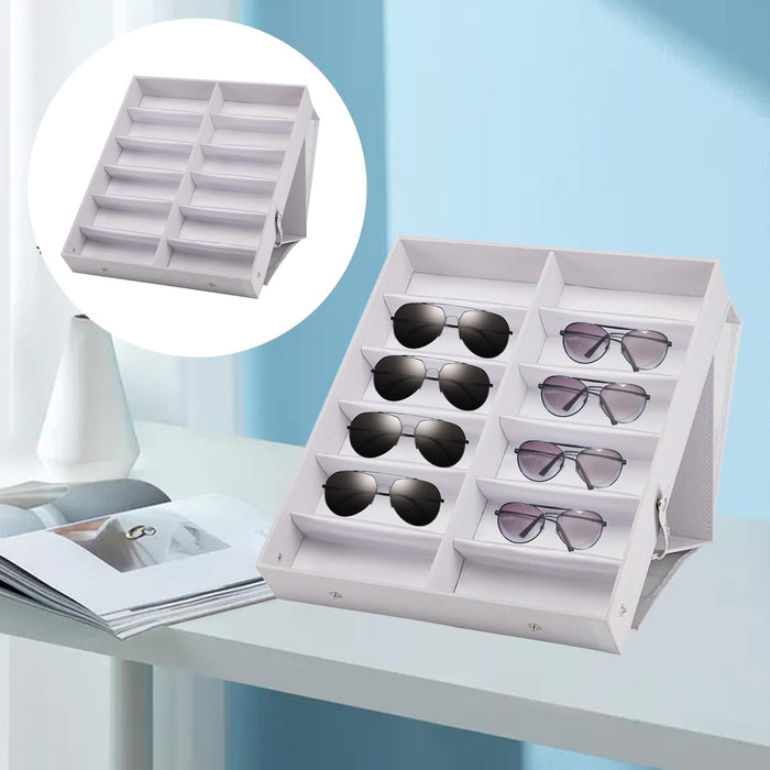 12 Grids Sunglasses Storage Box Foldable with Stand Function Stand  white