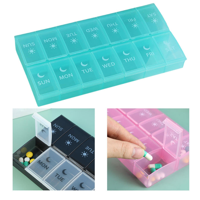 14 Compartment Pill Organizer 7 Days Pocket Case Portable for Travel Camping Blue