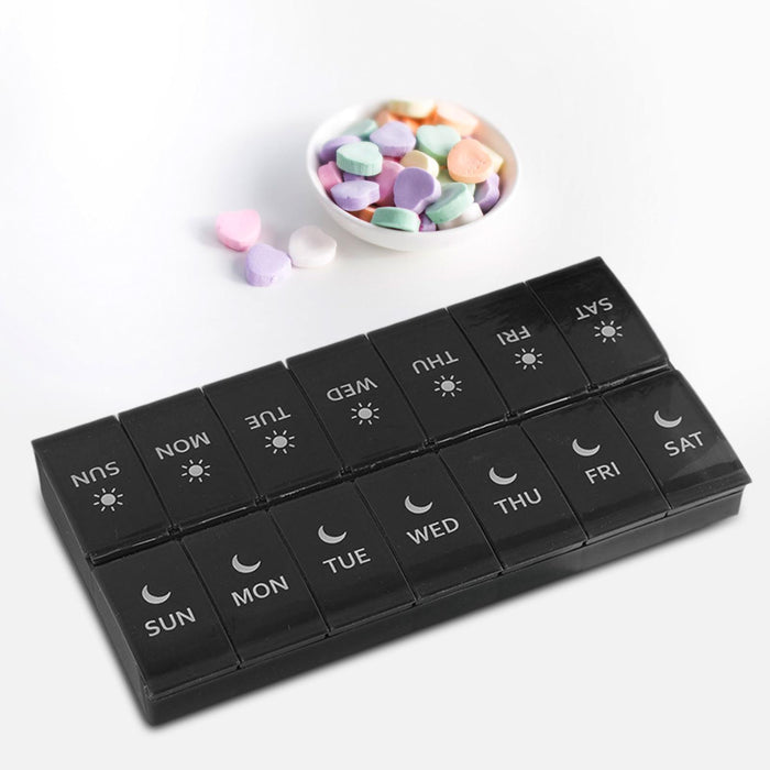 14 Compartment Pill Organizer 7 Days Pocket Case Portable for Travel Camping Black