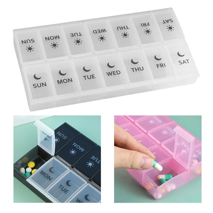 14 Compartment Pill Organizer 7 Days Pocket Case Portable for Travel Camping White