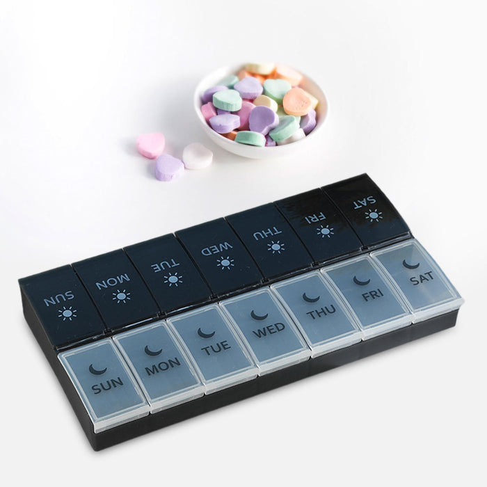 14 Compartment Pill Organizer 7 Days Pocket Case Portable for Travel Camping White Black