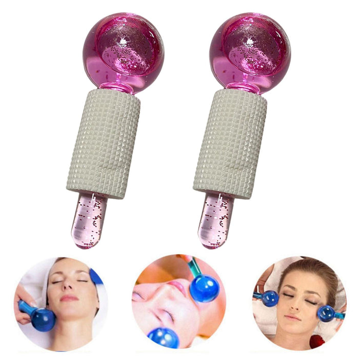 2Pcs Ice Globe Anti-Aging Face and Eye Skin Treatment Cooling Facial Roller Twinkle Pink