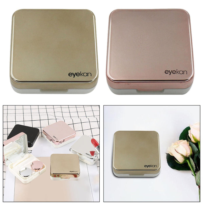 Square Portable Contact Lens Case Mirror Box Daily Use  Golden