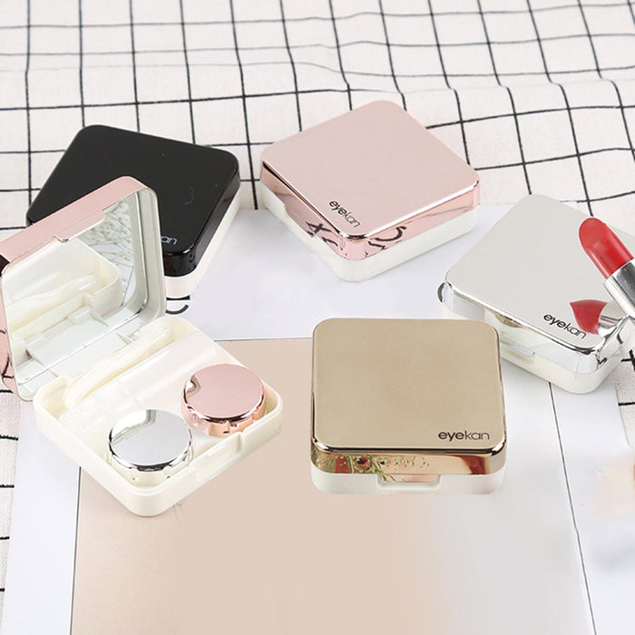 Square Portable Contact Lens Case Mirror Box Daily Use  Golden