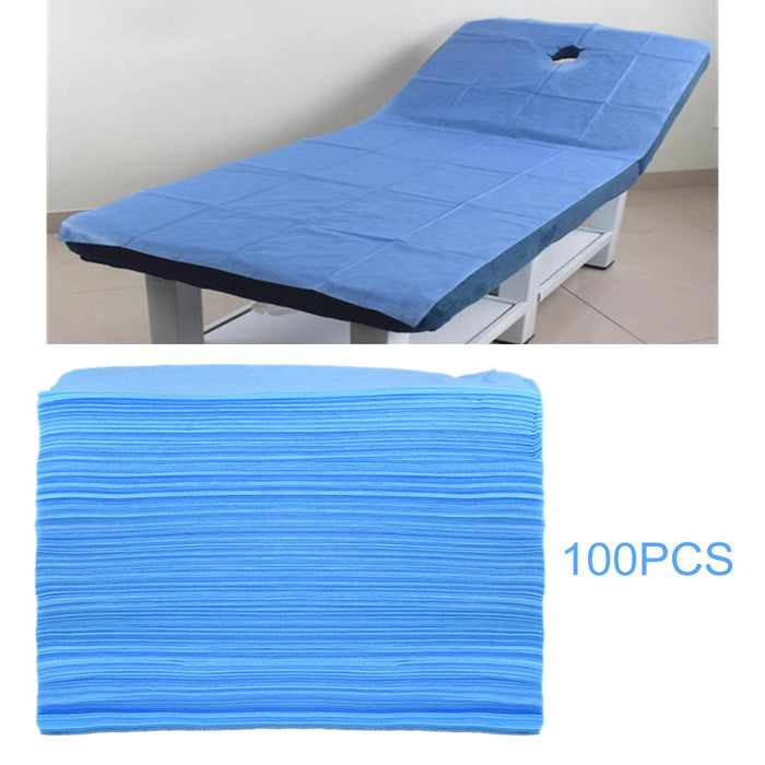 100x Soft Disposable Bed Sheet Waterproof for Salon SPA  Blue with Hole