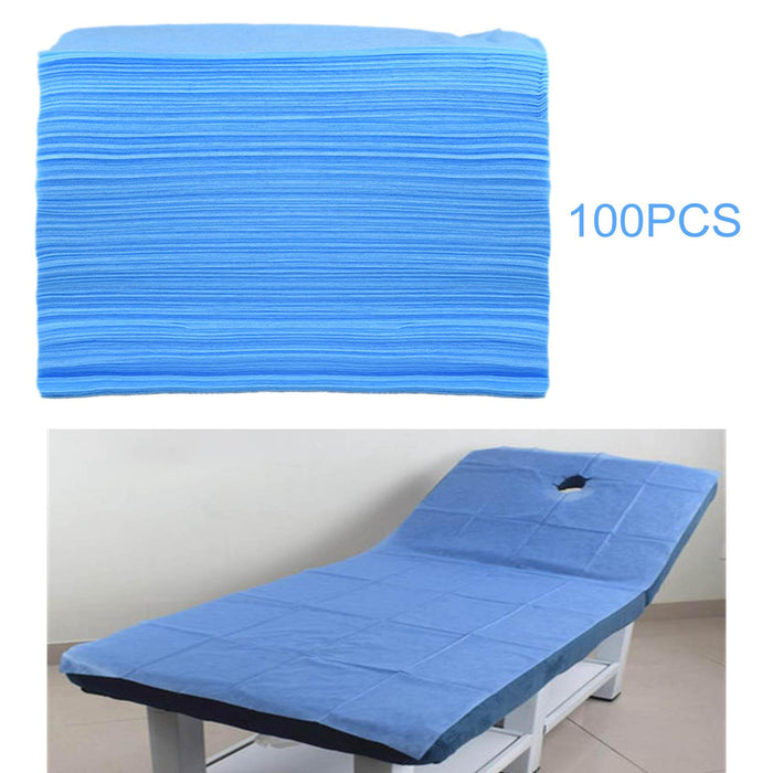 100x Soft Disposable Bed Sheet Waterproof for Salon SPA  Blue with Hole