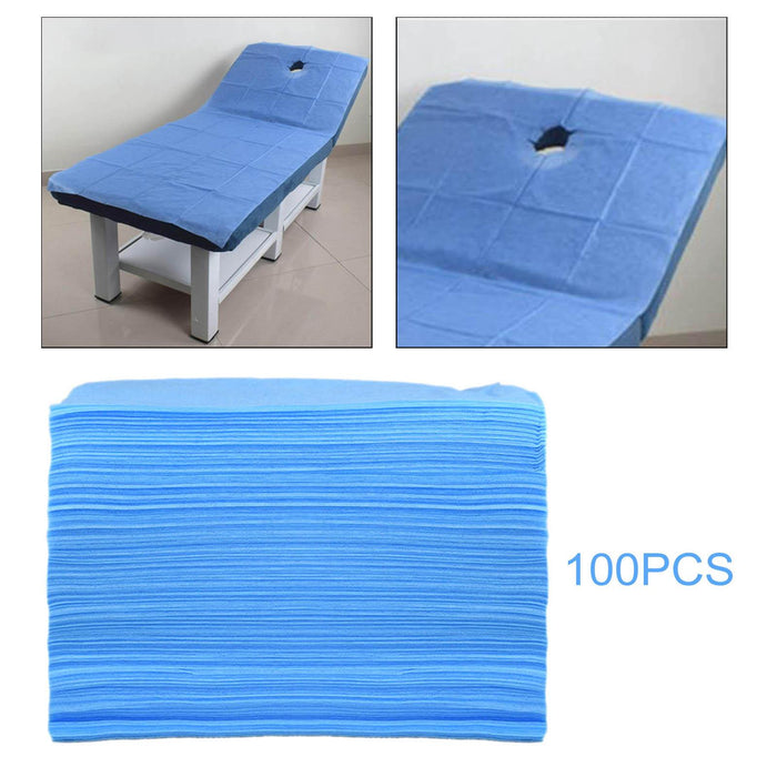 100x Soft Disposable Bed Sheet Waterproof for Salon SPA  Blue with Hole