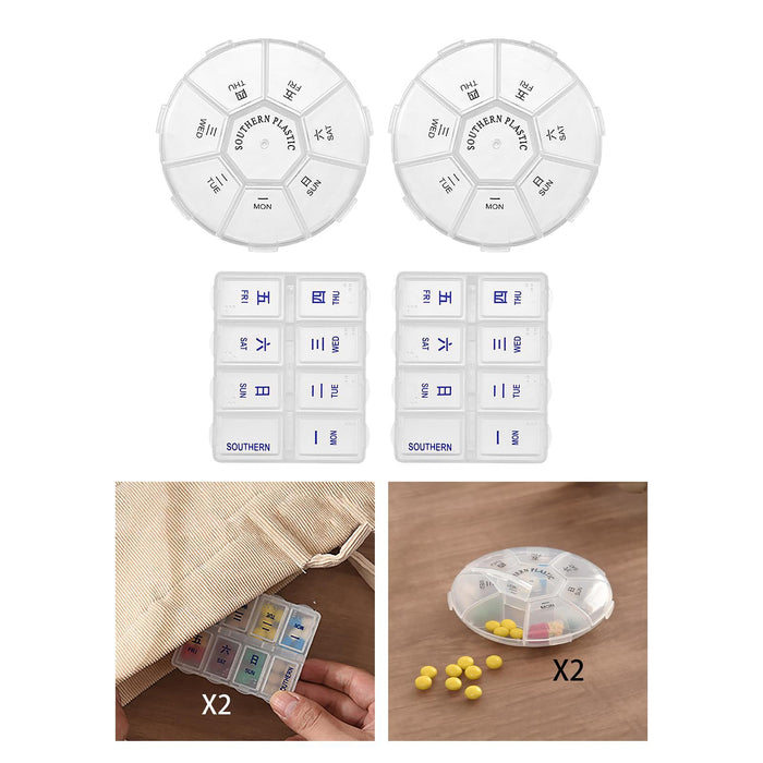 2 Pieces Weekly Pill Box Organiser Supplements Vitamins Travel Home Round