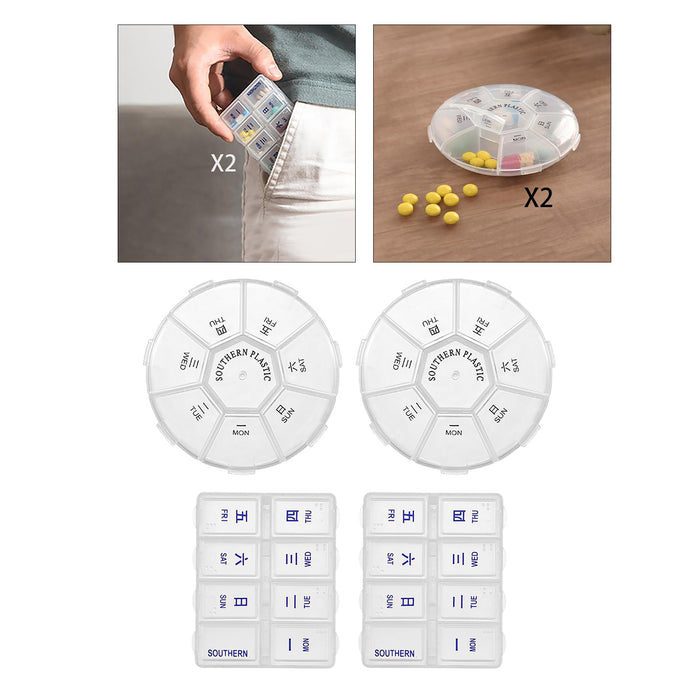 2 Pieces Weekly Pill Box Organiser Supplements Vitamins Travel Home Round