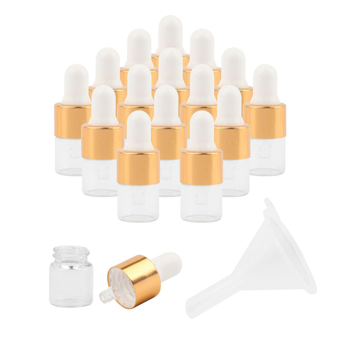 15 Pieces Glass Dropping Bottles Portable Refillable for Perfume Storage 1ml Clear Golden