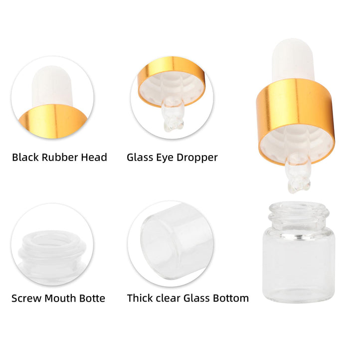 15 Pieces Glass Dropping Bottles Portable Refillable for Perfume Storage 1ml Clear Golden