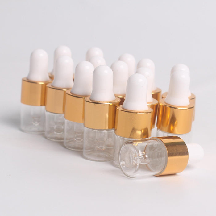 15 Pieces Glass Dropping Bottles Portable Refillable for Perfume Storage 1ml Clear Golden