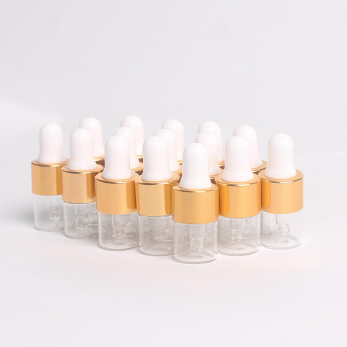 15 Pieces Glass Dropping Bottles Portable Refillable for Perfume Storage 1ml Clear Golden