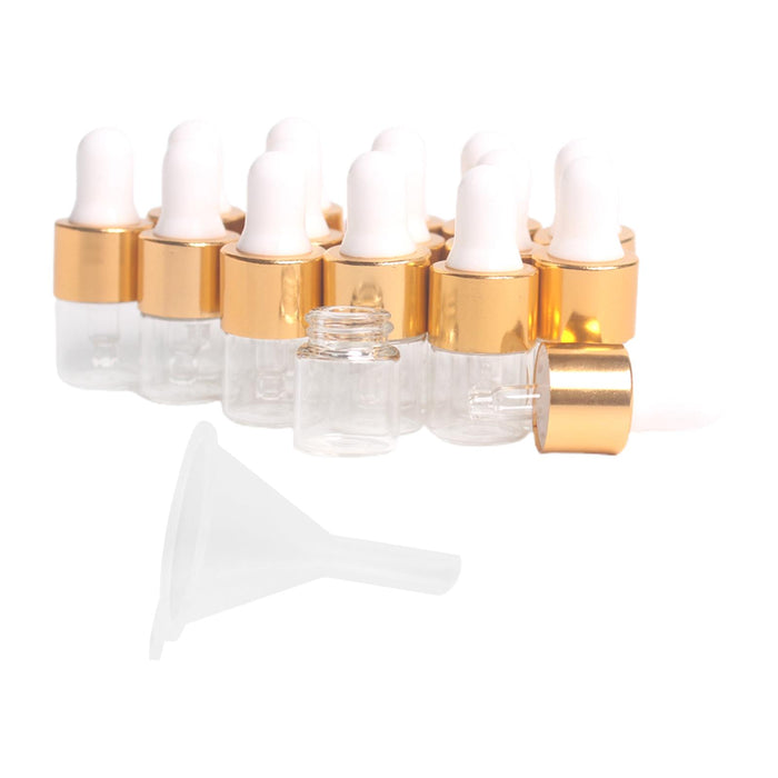 15 Pieces Glass Dropping Bottles Portable Refillable for Perfume Storage 1ml Clear Golden