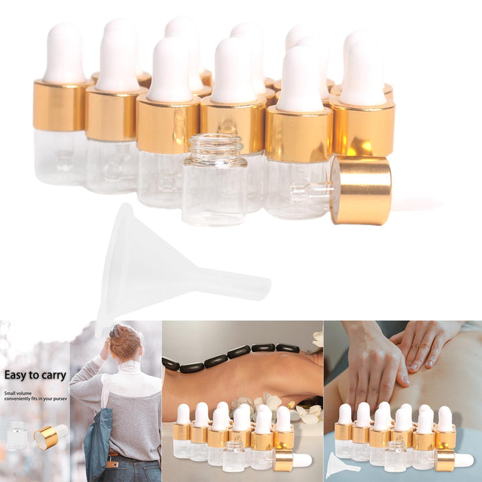 15 Pieces Glass Dropping Bottles Portable Refillable for Perfume Storage 1ml Clear Golden