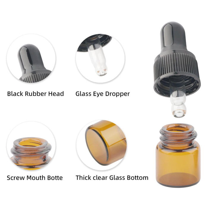 15 Pieces Glass Dropping Bottles Portable Refillable for Perfume Storage 1ml Brown Black