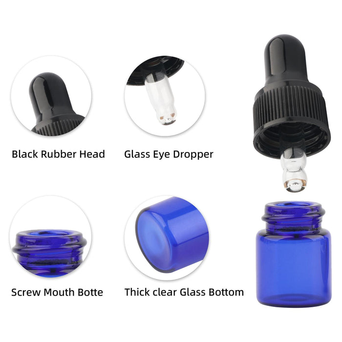 15 Pieces Glass Dropping Bottles Portable Refillable for Perfume Storage 1ml Blue Black