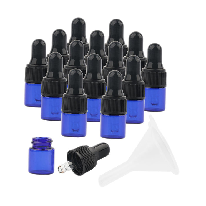 15 Pieces Glass Dropping Bottles Portable Refillable for Perfume Storage 1ml Blue Black