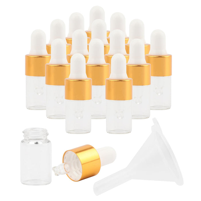 15 Pieces Glass Dropping Bottles Portable Refillable for Perfume Storage 2ml Clear Golden