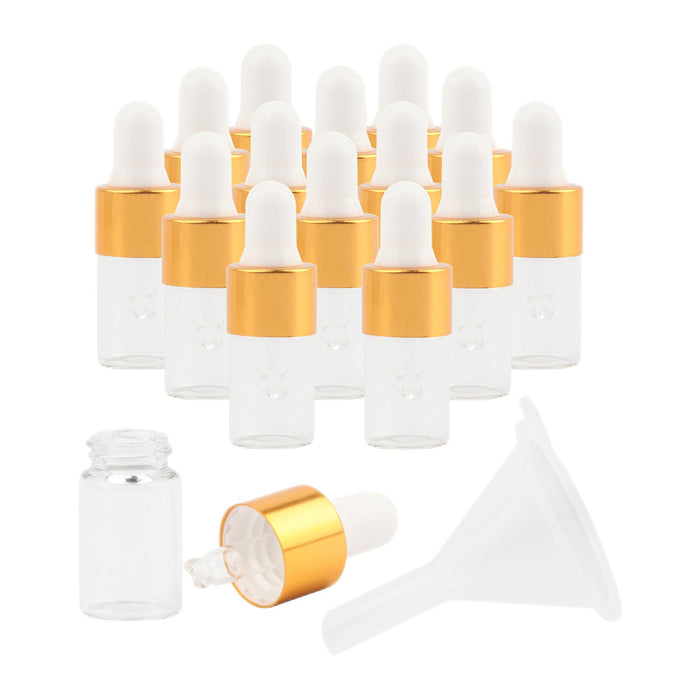 15 Pieces Glass Dropping Bottles Portable Refillable for Perfume Storage 2ml Clear Golden