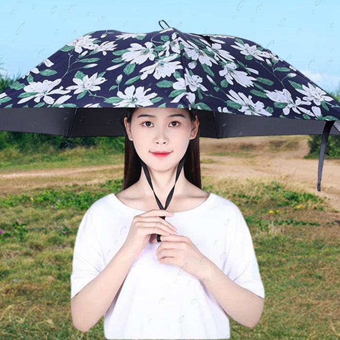 Crofta Umbrella Hat Hands free Protection 30inch Fishing Umbrella Hat Black with Flowers