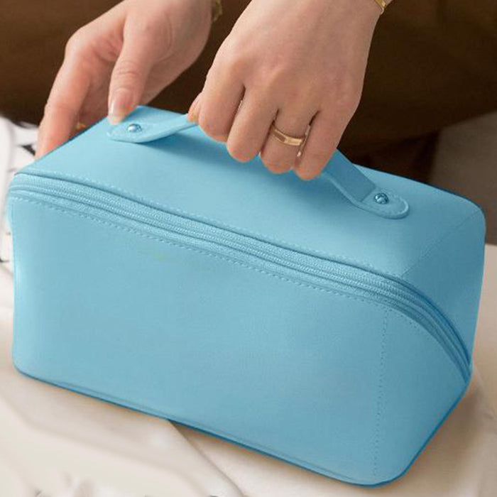 Portable PU Leather Cosmetic Bag Large for Home Short Trip Bathroom Blue