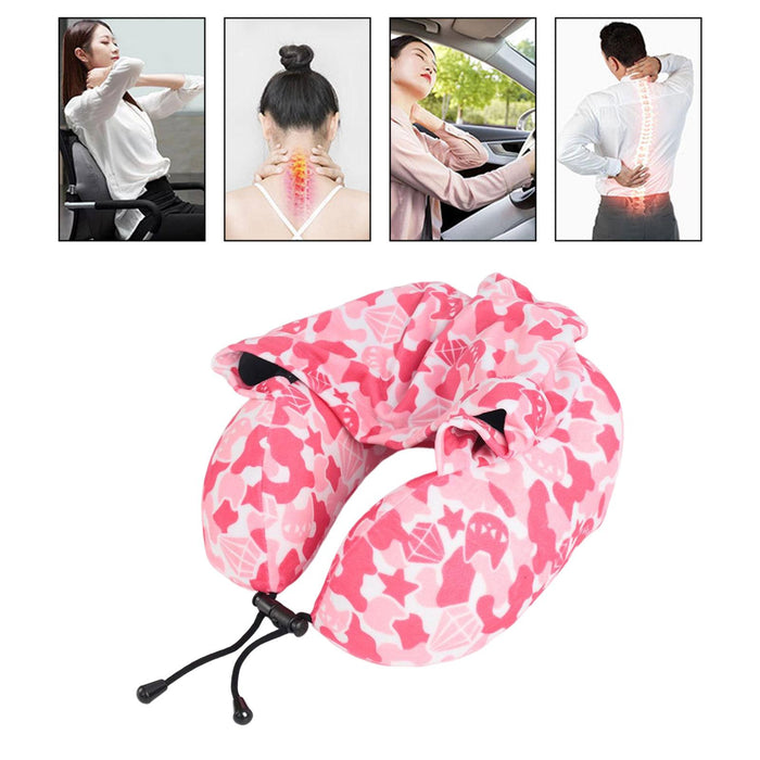 Crofta Ergonomic Memory Foam Neck Travel Pillow with Hoodie for Airplane Car Home Pink