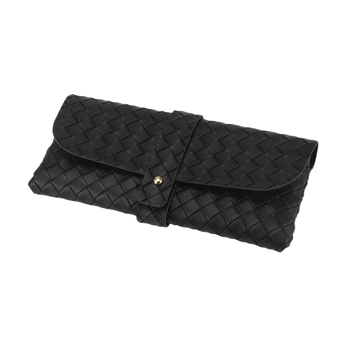 Crofta Woven PU Leather Glasses Case Button Closed Soft Glasses Pouch Bag for Women Black