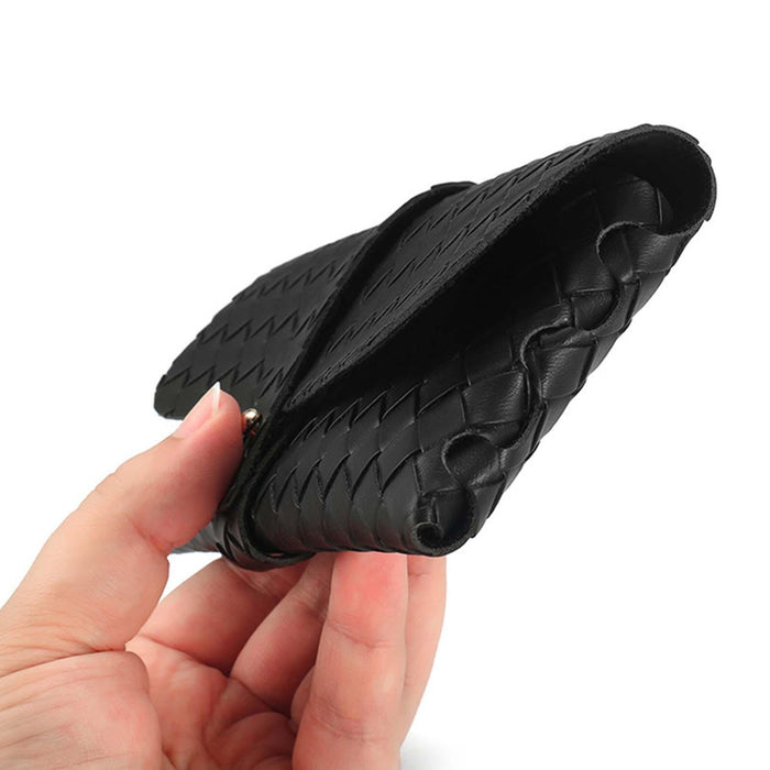 Crofta Woven PU Leather Glasses Case Button Closed Soft Glasses Pouch Bag for Women Black