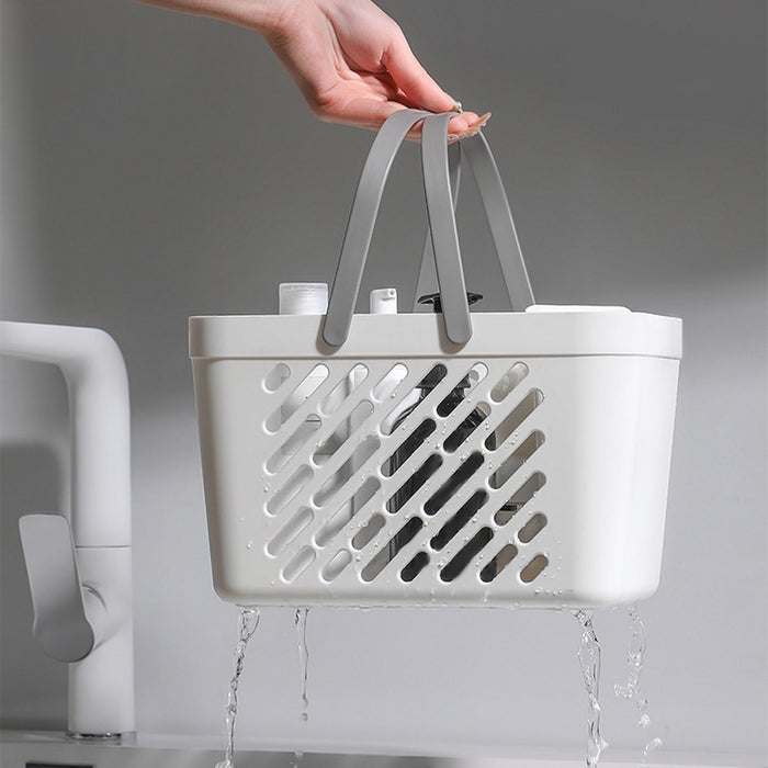 Crofta Bathroom Shower Caddy Basket with Handle Storage Bin Ventilated for Camping Gym White