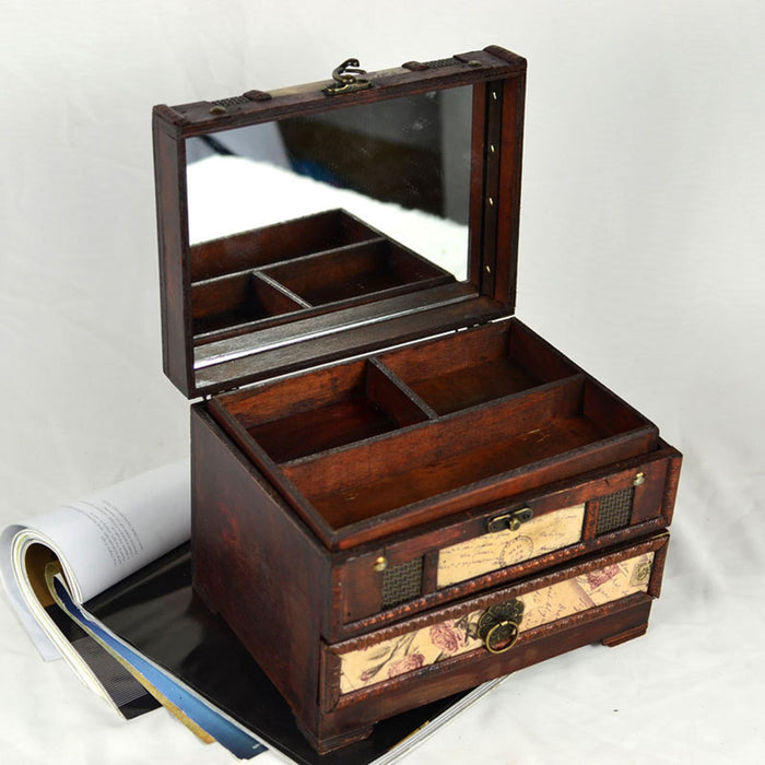 Crofta Wooden Jewelry Box Trinket Container with Mirror Antique Jewelry Case Holder Style A