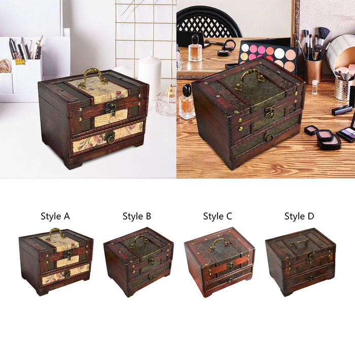 Crofta Wooden Jewelry Box Trinket Container with Mirror Antique Jewelry Case Holder Style A