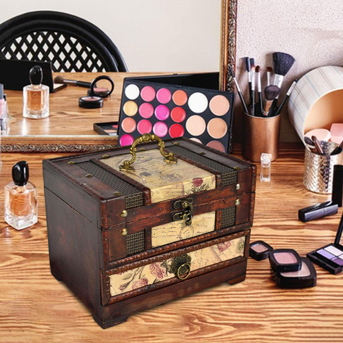 Crofta Wooden Jewelry Box Trinket Container with Mirror Antique Jewelry Case Holder Style A