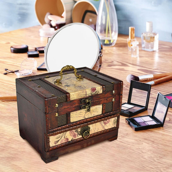 Crofta Wooden Jewelry Box Trinket Container with Mirror Antique Jewelry Case Holder Style A