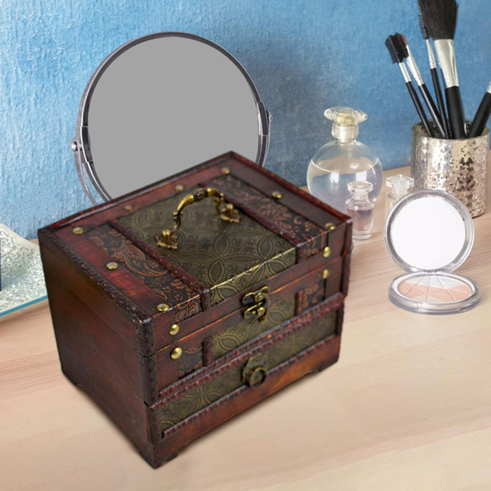 Crofta Wooden Jewelry Box Trinket Container with Mirror Antique Jewelry Case Holder Style B