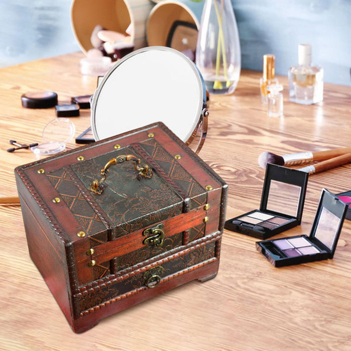 Crofta Wooden Jewelry Box Trinket Container with Mirror Antique Jewelry Case Holder Style C