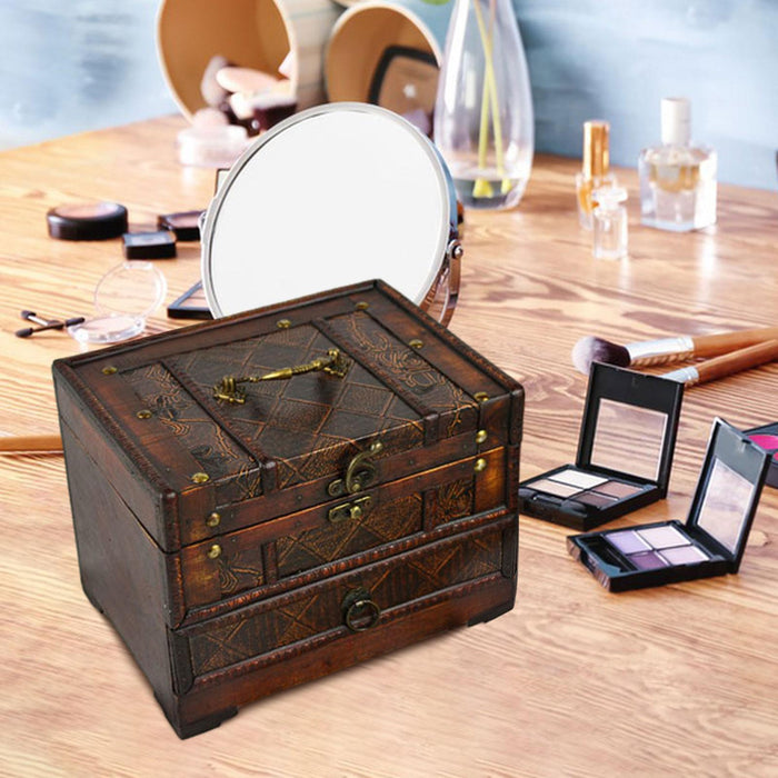 Crofta Wooden Jewelry Box Trinket Container with Mirror Antique Jewelry Case Holder Style D