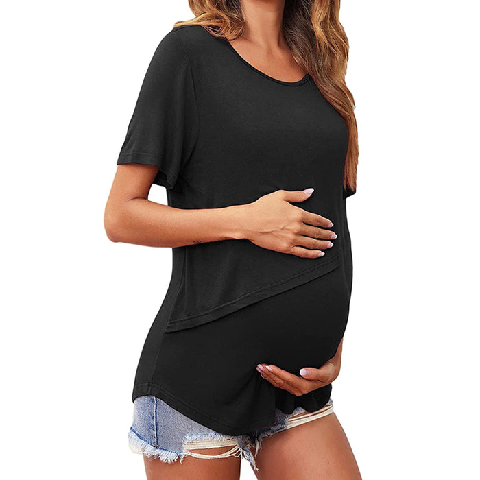 Crofta Women's Maternity Shirts Round Neck Double Layer for New Mom Daily Wear Black S