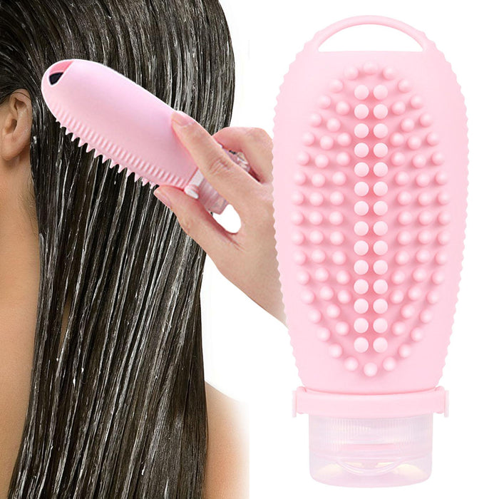 Crofta 2 in 1 Hair Shampoo Brush and Travel Bottle Silicone for Women Men Hair Comb pink