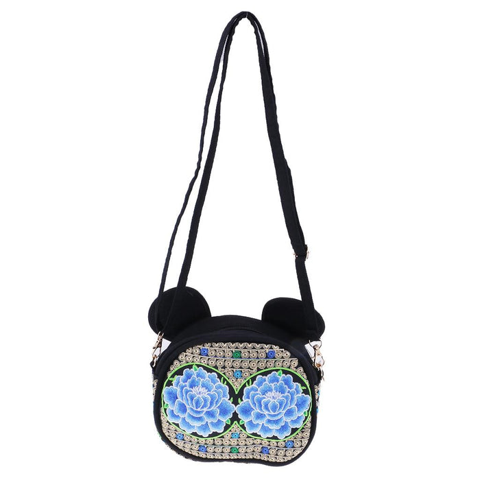 Crofta Yunnan Ethnic Flower Embroidery Ethnic Canvas Women Shoulder Bag Blue