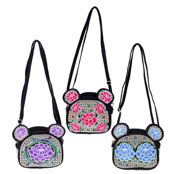 Crofta Yunnan Ethnic Flower Embroidery Ethnic Canvas Women Shoulder Bag Blue