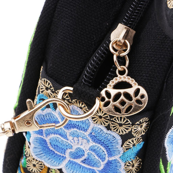 Crofta Yunnan Ethnic Flower Embroidery Ethnic Canvas Women Shoulder Bag Blue