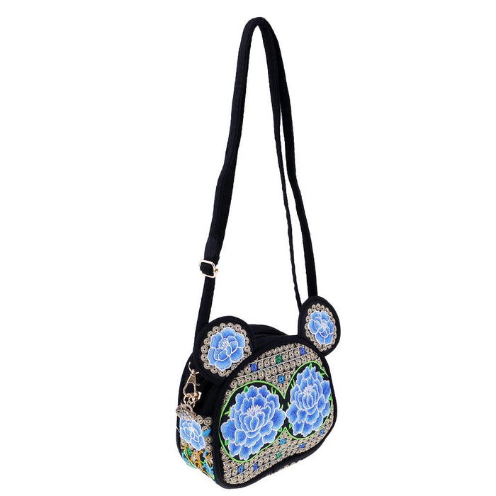 Crofta Yunnan Ethnic Flower Embroidery Ethnic Canvas Women Shoulder Bag Blue