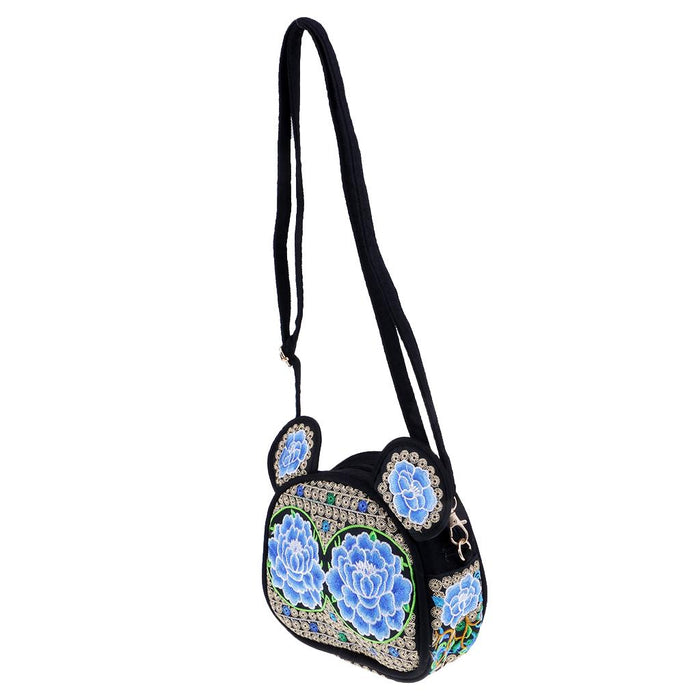 Crofta Yunnan Ethnic Flower Embroidery Ethnic Canvas Women Shoulder Bag Blue