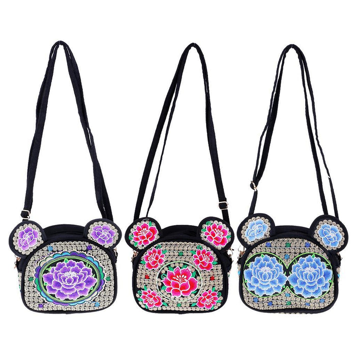 Crofta Yunnan Ethnic Flower Embroidery Ethnic Canvas Women Shoulder Bag Blue